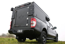 Load image into Gallery viewer, Alucab Dual Cab Canopy Camper Deluxe Unit - Black Includes 270 Shadow Awning and Bracket, Twin Window Midgee Net Kit and Molle Plate AC-CC-DLX-DC-B-P
