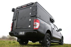 Alucab Dual Cab Canopy Camper Deluxe Unit - Black Includes 270 Shadow Awning and Bracket, Twin Window Midgee Net Kit and Molle Plate AC-CC-DLX-DC-B-P