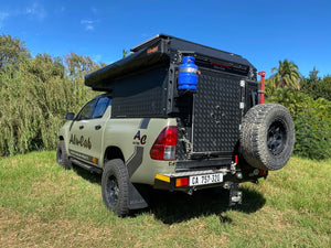 Alucab Dual Cab Canopy Camper Deluxe Unit - Black Includes 270 Shadow Awning and Bracket, Twin Window Midgee Net Kit and Molle Plate AC-CC-DLX-DC-B-P