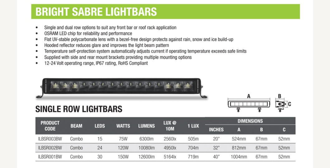 75W Bright Sabre Single Row LED  Lightbar 508mm - 20inch Straight ILBSR003BW