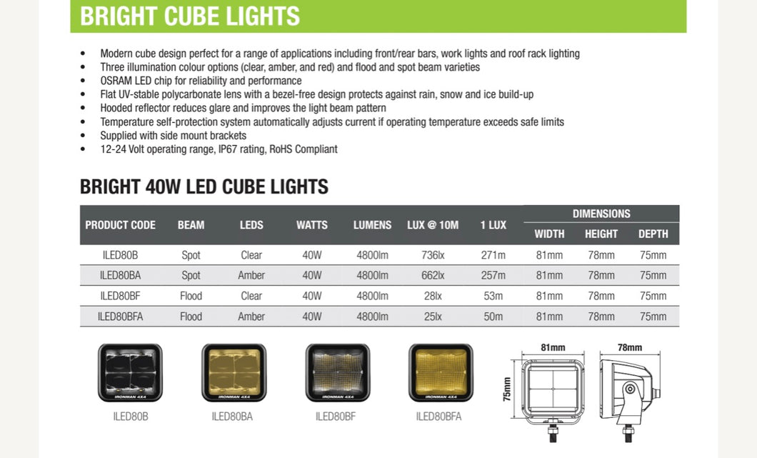 40W Bright Cube Spot Beam LED Cube Light - 81 x 75mm (each) - Amber ILED80BA